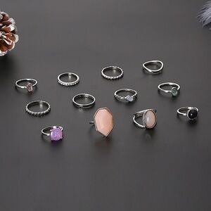 *SEONA* 12-Pc Silver x Gem Fashion Ring Set